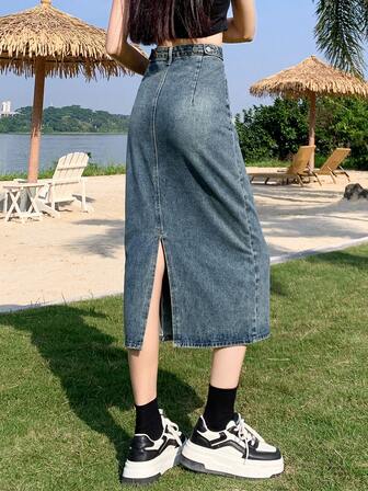 女士休闲可调节腰部复古水洗开衩下摆宽松牛仔半身裙