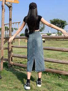 Women's Casual Adjustable Waist Vintage Washed Slit-Hem Loose Denim Skirt - Blue - View 11