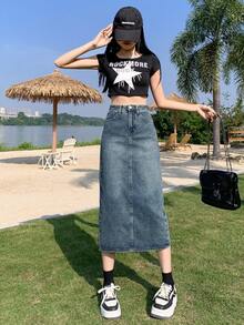 Women's Casual Adjustable Waist Vintage Washed Slit-Hem Loose Denim Skirt - Blue - View 7