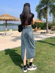 Women's Casual Adjustable Waist Vintage Washed Slit-Hem Loose Denim Skirt - Blue - View 4