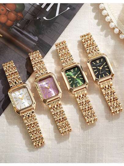 1 件/套不锈钢表带女士奢华礼品石英腕表，时尚简约方形石英表适合日常搭配、生日、女士礼物、周年纪念、单身节、万圣节促销和其他节日礼物