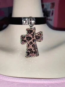 1 par de pendientes de cruz con estampado de Leopardo rosa brillante de cristal Y2K, accesorios de joyería gótica vintage, regalo punk de Halloween