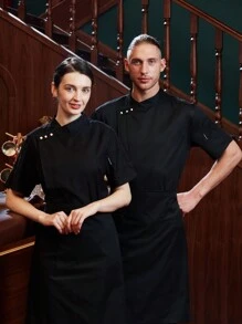 Clásica chaqueta de chef de manga corta y transpirable, con mangas y espalda de malla, adecuada para chef, panadería, cocina de restaurante, cocina de hotel, verano, unisex - Negro - Ver 6