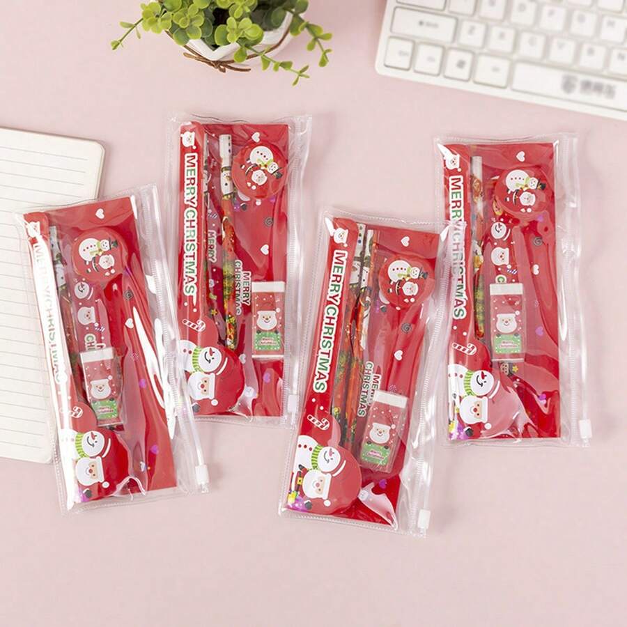 5pcs Christmas Stationery Set - Pencil, Eraser, Pencil Sharpener, Ruler, Zipper Pouch, Student Supplies Holiday Gift