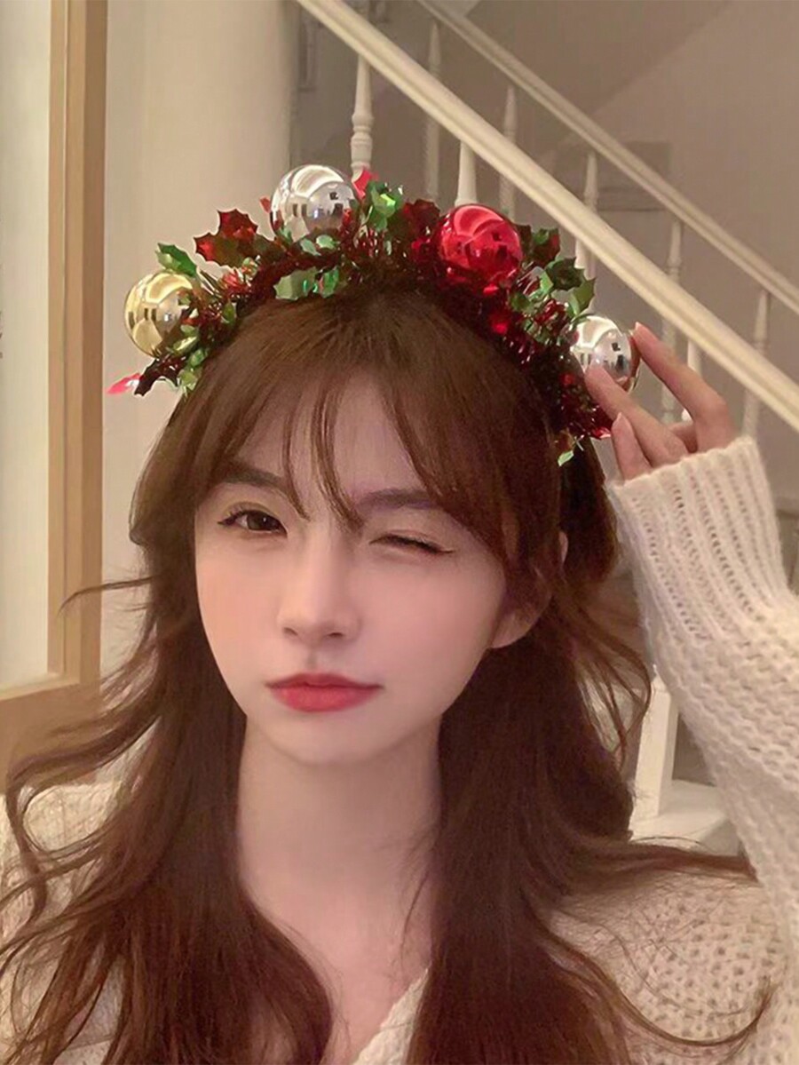 1pc Christmas Cute Colorful Round Ball Headband, Red & Green Reindeer