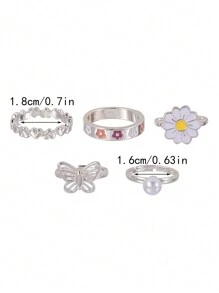 5pcs/Set Popular Ins-Style Adjustable Pearl Rings, Set With Butterfly, Daisy & Heart Design