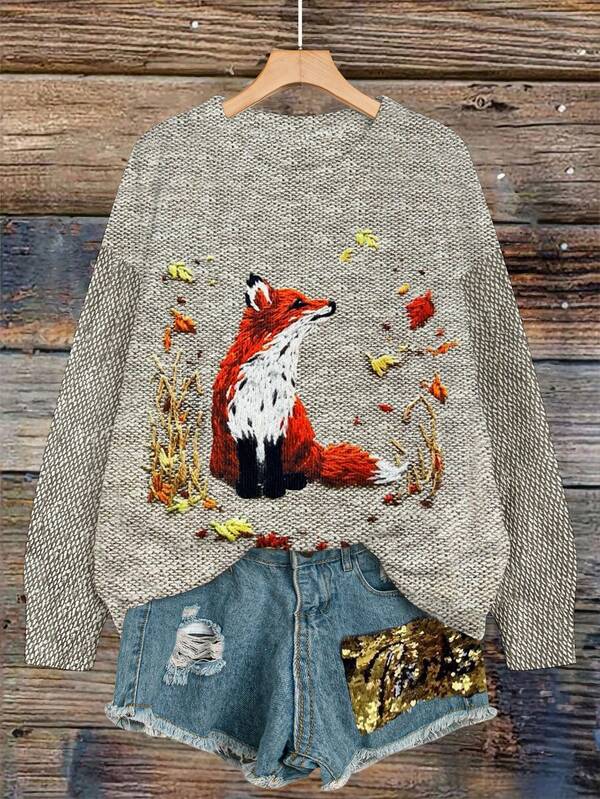 Pull col rond pour femmes avec motif de broderie de renard mignon, coupe ample et confortable pour un usage casual, automne/hiver