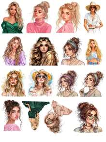 16 pezzi di adesivi di personaggi rurali europei e americani alla moda con capelli ricci, per bricolage, scrapbooking, album, organizer, diari, articoli di cartoleria vintage, per laptop, valigie, pareti, frigoriferi, auto e borracce. Torna a scuola