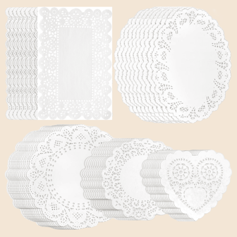 100 件，白色纸质餐垫，一次性纸质蕾丝餐垫，用于食物装饰餐垫，餐桌婚礼生日蛋糕甜点食物装饰 - 各种尺寸（圆形、矩形、椭圆形、心形）