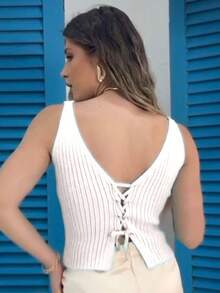 Cropped Top Modal Knit Tank Top Tie New Release - trắng - Xem 2