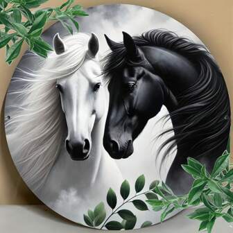 复古马术风格铁质金属标牌 - 黑白马装饰性金属墙标牌，适用于户外、厨房、居家房间装饰 - 圆形 8 英寸墙标牌，是马爱好者的理想礼物，上、下、左、右不同孔位置随机发货、家居装饰、房间装饰、墙面装饰