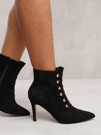Where’s That From TILDA POINTED TOE MID HEEL ANKLE BOOTS WITH GOLD BUTTONS IN RED