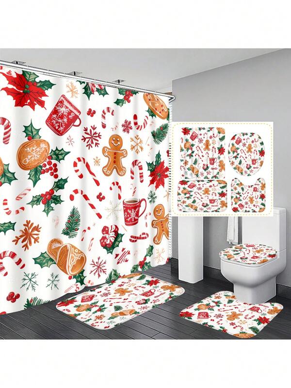 1pc/4pcs Christmas Gingerbread Santa Claus Pattern Waterproof Shower Curtain Set With 12 Hooks, Bath Mat, U-Shaped Toilet Mat, Toilet Seat Cover, Bathroom Divider, Bathroom Accessories, Bathroom Decor Fall Decor Back To School