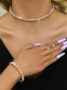 4pcs Women's European And American Fashion Wedding Set Fashion Earrings Necklace Bracelet Rhinestone Bridal Claw Chain Wedding Party Birthday Gift - Silver - View 14