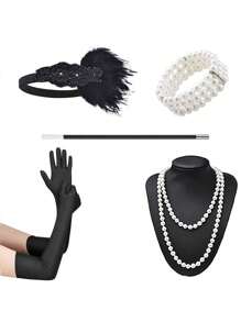 Set de 6 accesorii și pălării la modă în stil Paște/anii 1920, inclusiv bentiță cu pene, mănuși, colier lung cu perle artificiale, suport pentru țigări, brățară cu 3 rânduri de perle artificiale pentru petrecere, spectacol, costum de Ziua Mamei și Halloween