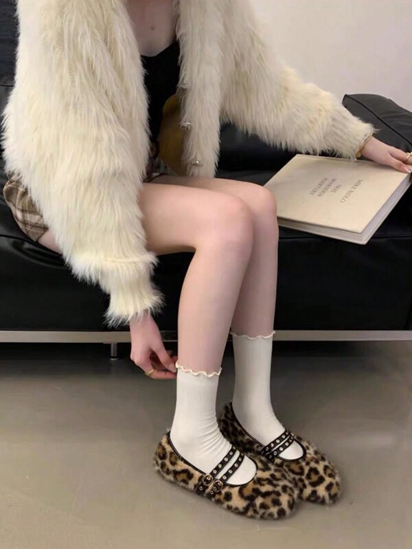 Femmes Ballerines Mary Jane à enfiler, style léopard, avec boucle, semelle épaisse et moelleuse, chaude, de rue polyvalente, marron, nouvelle collection automne/hiver 2024