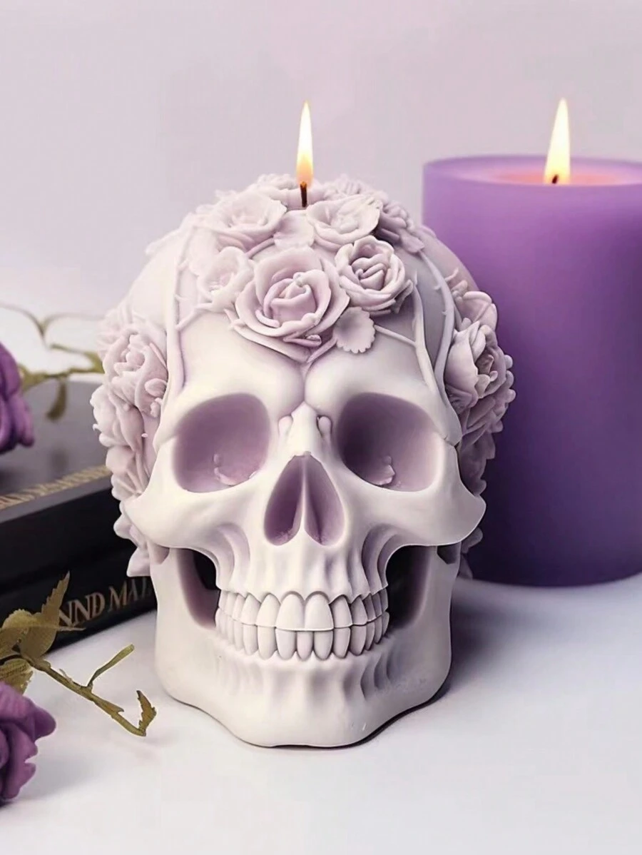 1pc Halloween Rose Flower Skull Silicone Candle Mold, DIY Aromatherapy Plaster Scented Stone Home Decor Accessory Silicone Mold