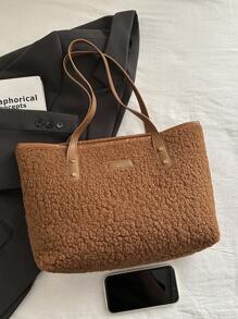 Minimalist Large Capacity Handbag Women 2024 Autumn Winter New Fashion Casual Plush Tote Bag, Chic Solid Color Commuter Shoulder Bag