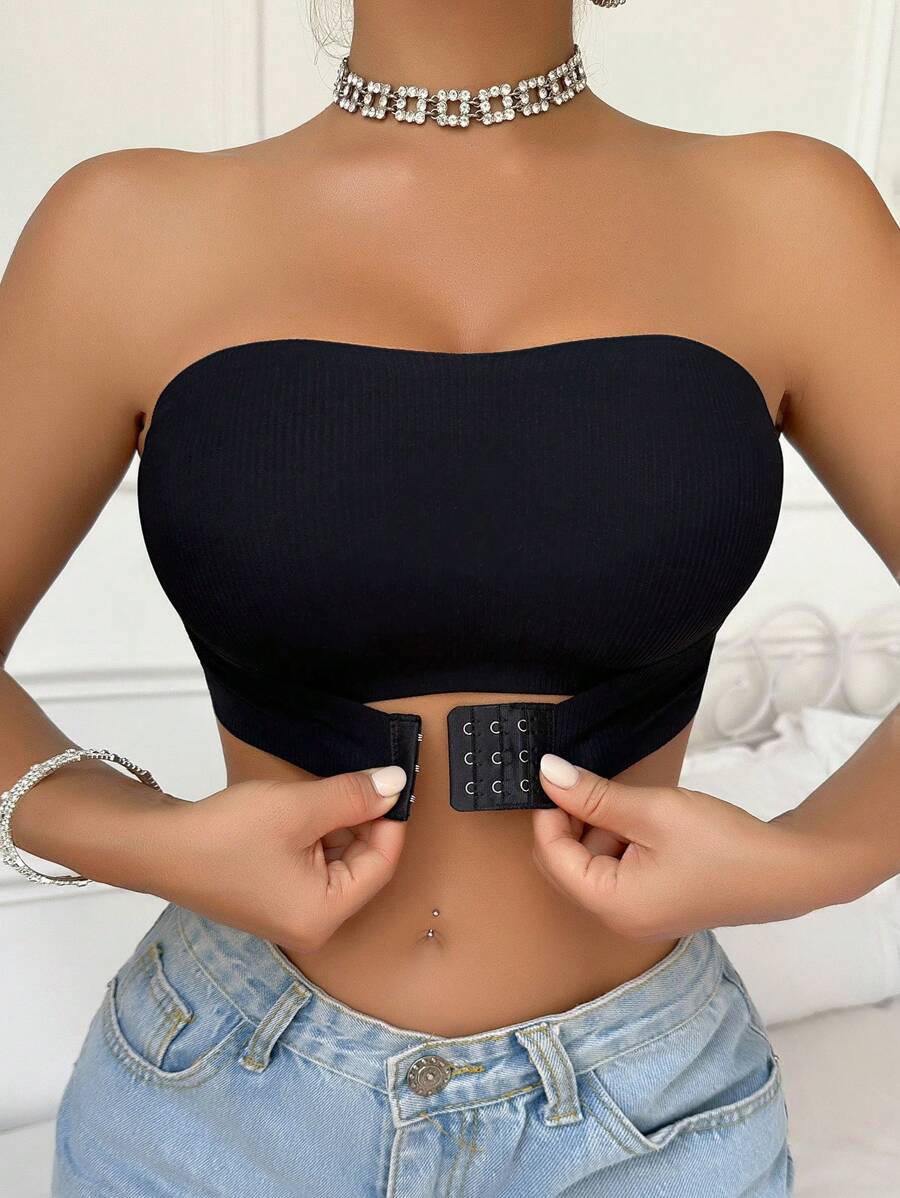 1 件黑色前扣罗纹女士文胸，前扣衬垫文胸，无肩带抹胸，可替换为首选罩杯垫