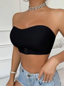 1 件黑色前扣罗纹女士文胸，前扣衬垫文胸，无肩带抹胸，可替换为首选罩杯垫