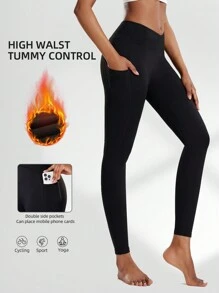Plush Warm Women's Yoga Sports Pants Tights Autumn And Winter Side Double Pockets V-Shaped Cross Waist Thermal Lined Pants Women's Yoga Pants Tight High Waist Abdomen Hip Lifting Fitness Pants Pilates Fitness Pants Quick-Drying Compression Leggings Outdoor Leisure Thermal Lined Warm Tights