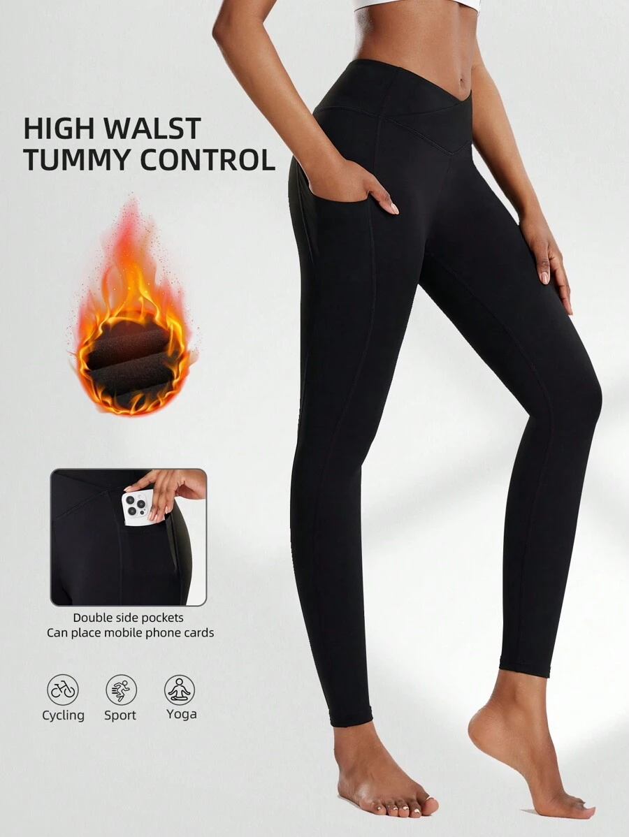 Plush Warm Women's Yoga Sports Pants Tights Autumn And Winter Side Double Pockets V-Shaped Cross Waist Thermal Lined Pants Women's Yoga Pants Tight High Waist Abdomen Hip Lifting Fitness Pants Pilates Fitness Pants Quick-Drying Compression Leggings Outdoor Leisure Thermal Lined Warm Tights