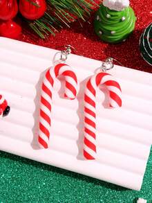 1 Pair Cute Minimalist Creative Cartoon Candy Cane Resin Earrings For Women, Suitable For Holiday Parties