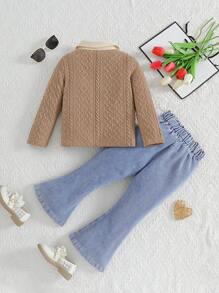 2 pezzi Set moda per giovani ragazze con maglione lavorato a maglia con collo a polo + pantaloni a zampa d''elefante, casual, autunno e primavera