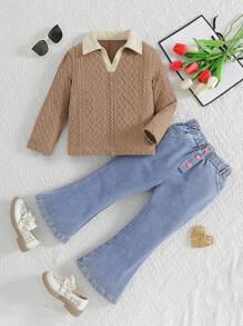 2 pezzi Set moda per giovani ragazze con maglione lavorato a maglia con collo a polo + pantaloni a zampa d''elefante, casual, autunno e primavera