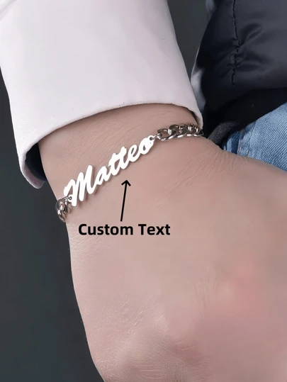 1pc Personalized Name Bracelet, Stainless Steel Handmade NK Chain Bracelet, Silver Chain Engraved Name Logo Bracelet, Unisex, Classic Hip-Hop Accessory, Birthday Gift, Gift Box Packaging, Suitable For Thanksgiving, Christmas, Halloween, Carnival (English Only). Gold, Rose Gold, Fashionable, Autumn, Retro, Unisex, Minimalist, Casual, Gothic, Punk, Customized, Personalized, Unique, Ideal Gift For Her