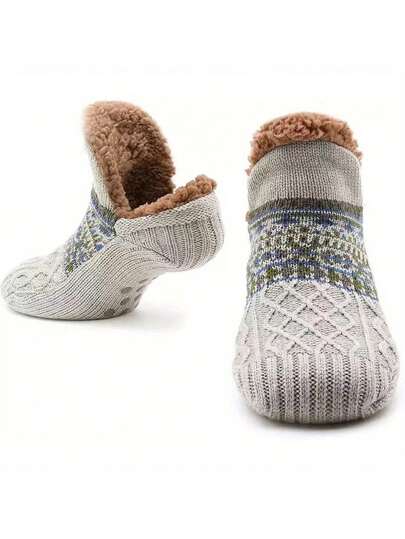 Briartw 1 par de calcetines tipo pantufla tejidos cómodos para hombres - Calcetines térmicos forrados antideslizantes con patrón geométrico para usar en interiores, calcetines de pareja