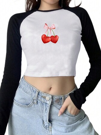 Casual Cherry Graphic Contrast Color Fitted Cropped Top