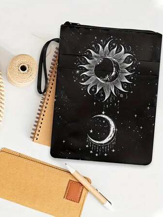 Canvas Book Cover With Sun And Moon Design, Classic Style Zipper Book Cover With Front Pocket, Washable Book Protector For Women - Bookworm Club Accessory Gift Back To School,Back To School,School Supplies