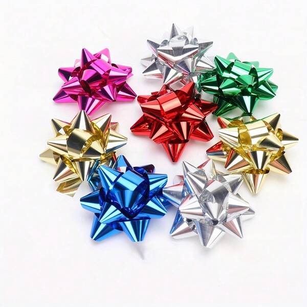 50pcs Self-Adhesive Christmas Bows, 2Inch Electroplated Bright Star Flowers, Five-Color Mixed Glitter Effect Ribbon Bows, Gift Ribbons For Holidays, Parties, Weddings, Valentine's Day, Easter And Daily Gift Wrapping Decor