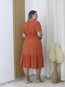 Plus Size Midi Dress With Button V-Neckline - Camel - View 3