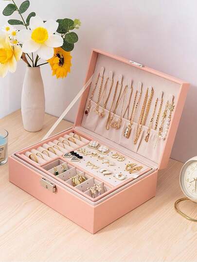 1 pieza Caja de almacenamiento de joyas, organizador de joyas de gran capacidad PU con cerradura para mujeres y niñas, forro suave para joyas de hombres, apto para anillos, colgantes, pendientes, collares, pulseras, relojes, lápiz labial, arte de uñas, perfecto para almacenar todo tipo de joyas, estilo moderno, excelentes regalos para mujeres y madres, regalos para maestros