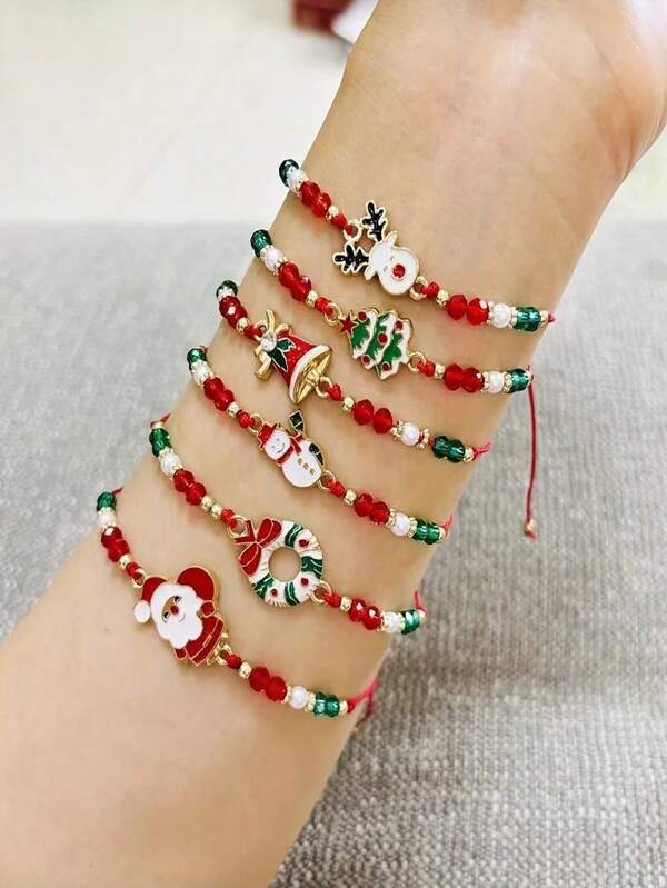6pcs/Set Lovely Santa Claus, Reindeer, Wreath, Snowman, Jingle Bell, Christmas Tree Charm Bracelets, Christmas Party Accessories, Holiday Gift