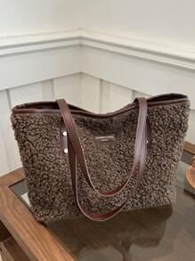 1 件棕色拉链毛绒包，时尚设计，铆钉和插入装饰，时尚百搭休闲大容量单肩手提包，适合女性日常使用 - 查看 7