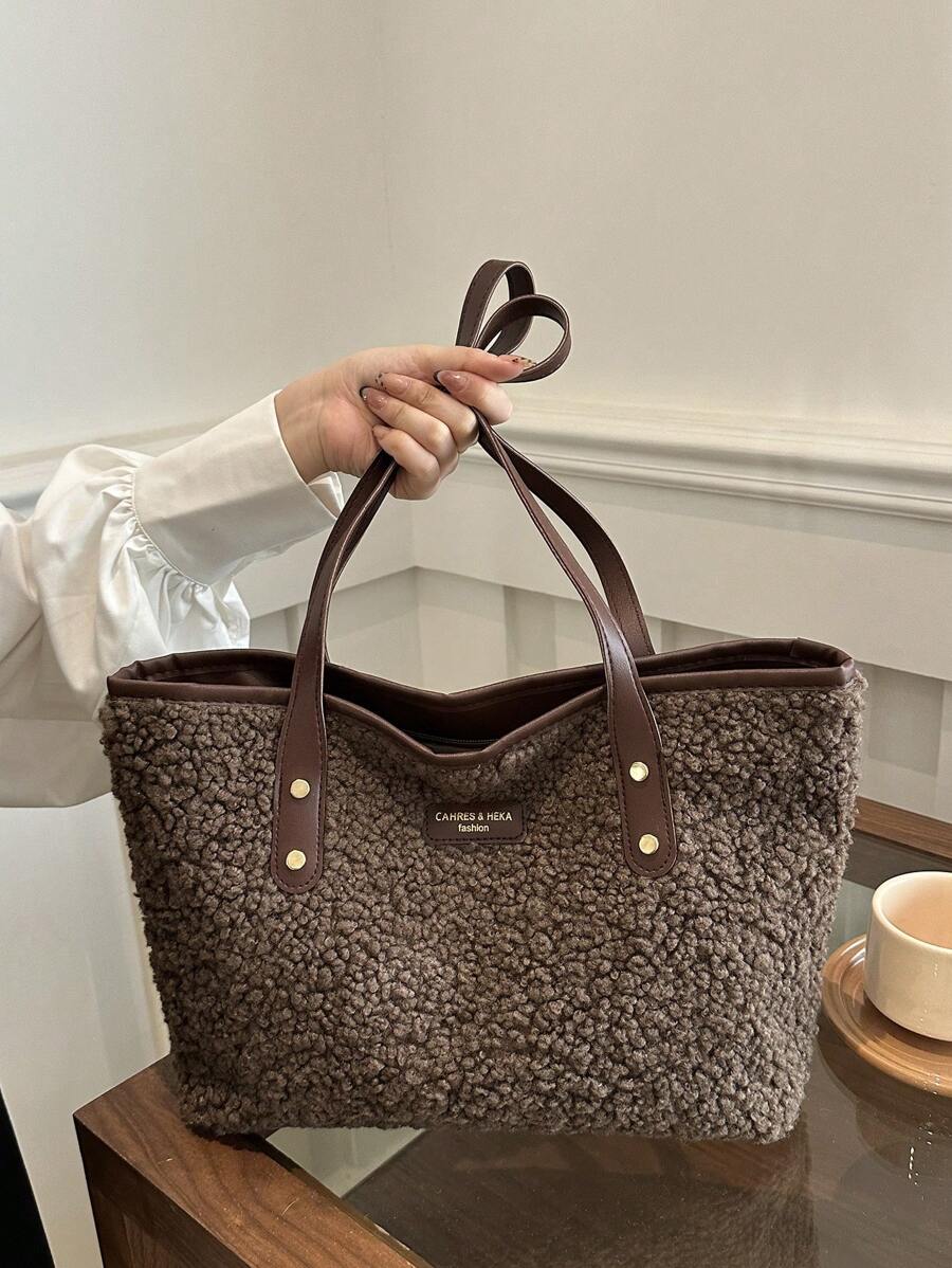 1 件棕色拉链毛绒包，时尚设计，铆钉和插入装饰，时尚百搭休闲大容量单肩手提包，适合女性日常使用 - 查看 1