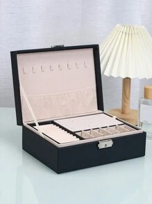 1pc Simple Double Layer Velvet Jewelry Storage Box, Desktop Dust-Proof Necklace, Bracelet, Earring And Accessories Organizer, Gift For Valentine's Day