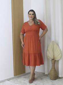 Plus Size Midi Dress With Button V-Neckline - Camel - View 1