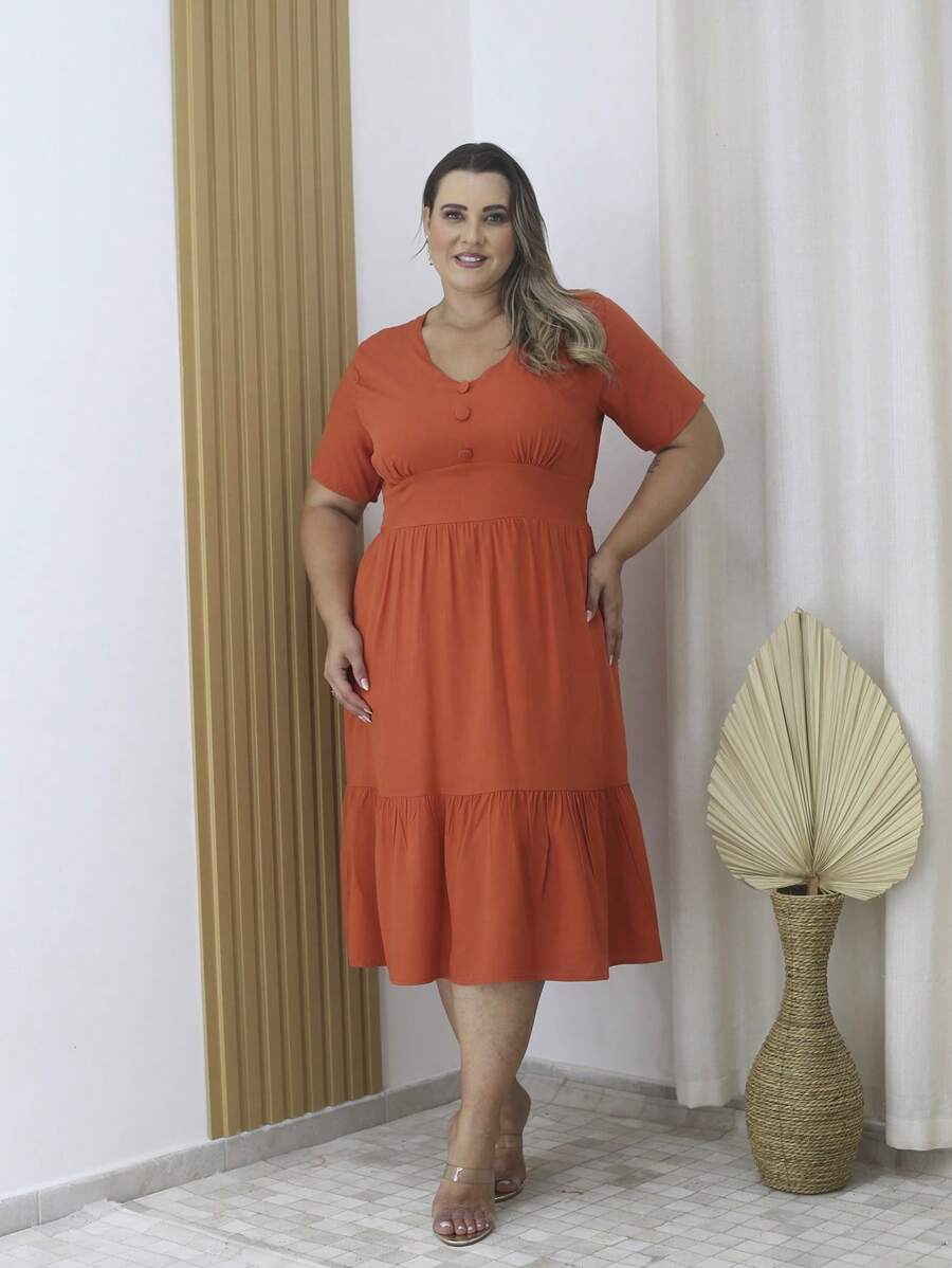 Plus Size Midi Dress With Button V-Neckline - Camel - View 1