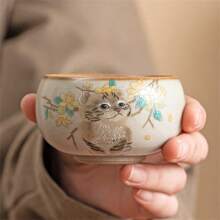 1 pieza Taza de té de cerámica de gatito al horno Ru, taza de porcelana Ru agrietada al azar, taza de propietario, juego de té de estilo chino kung fu, taza de té pequeña, decoración del hogar
