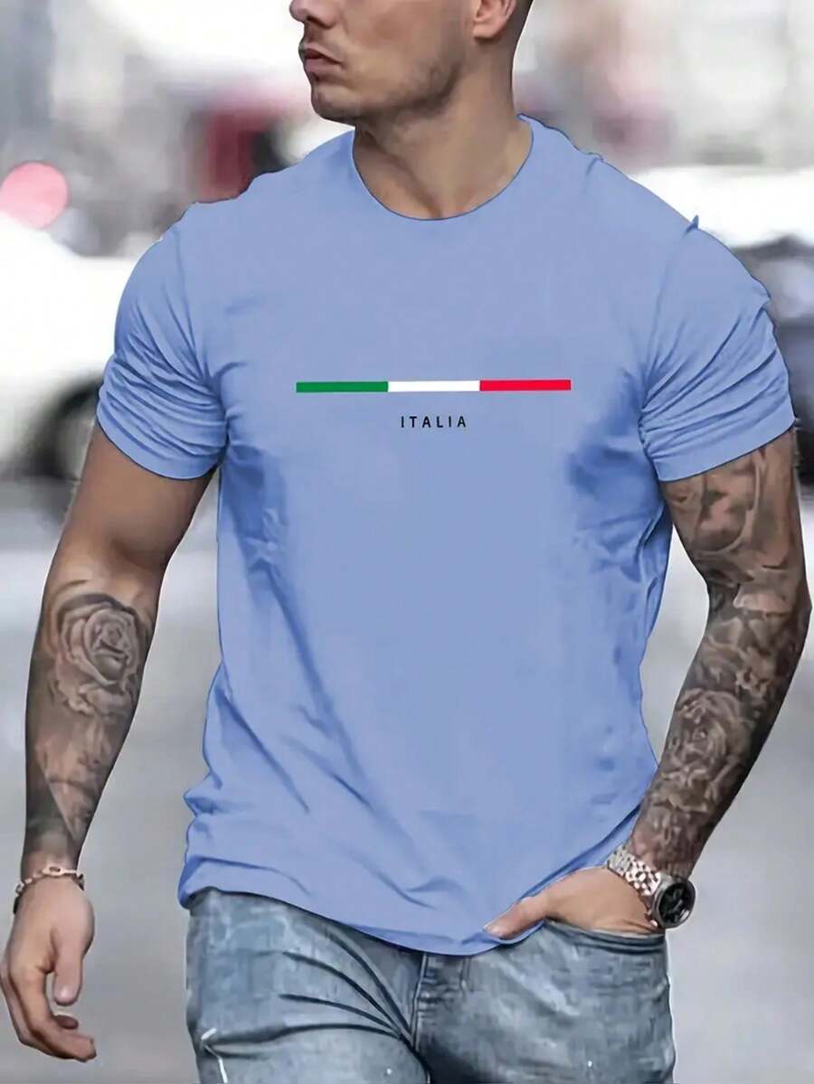 Men's T-Shirt Italia Colors In Line 100% Cotton Shirt Round Neck Breathable Premium Mesh - Màu xanh nhạt - Xem 1