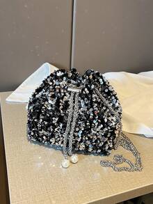 1 件时尚安静奢华迷人亮片女士水桶包 - 时尚闪亮纯色合成斜挎包和单肩包，带抽绳封口，适合女孩、大学生和女士，适合婚礼、派对、度假和晚宴 - 銀色 - 查看 2