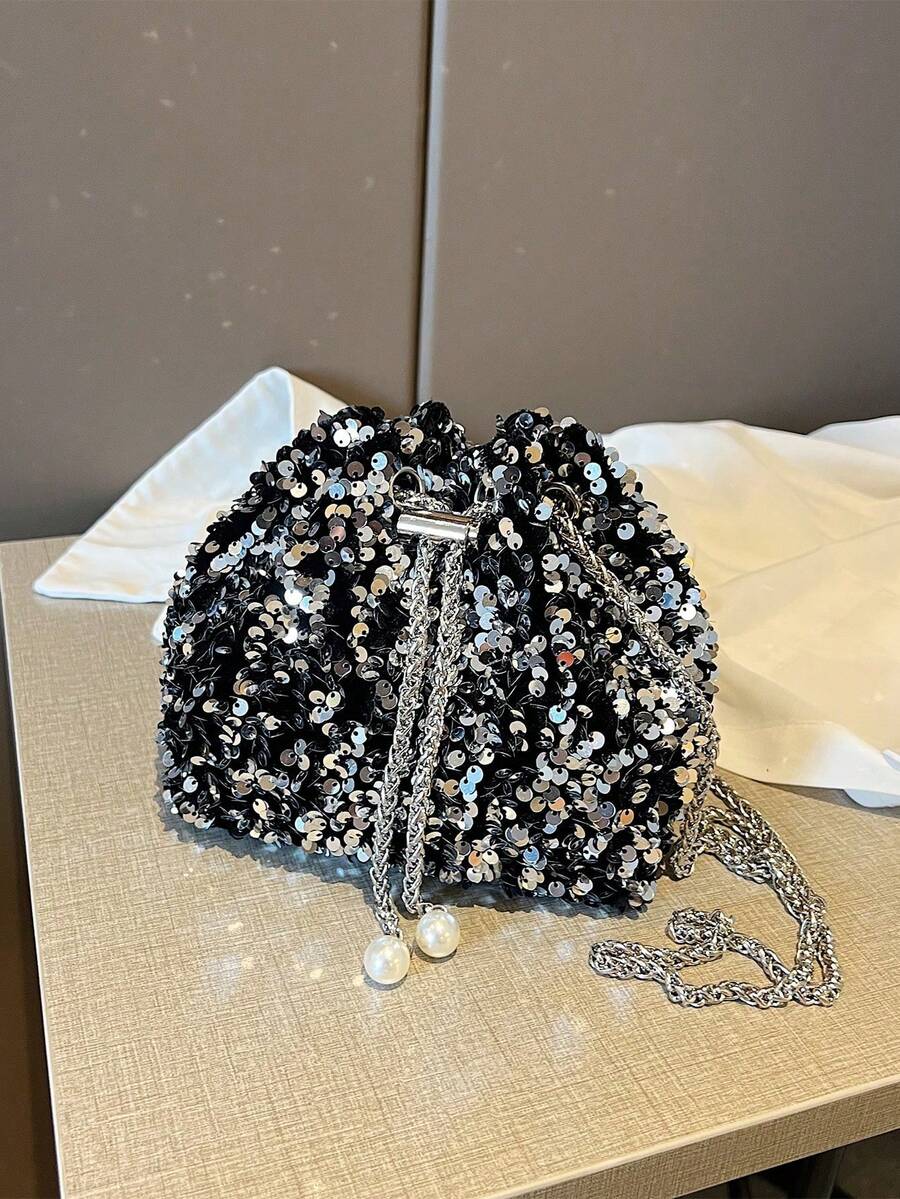 1 件时尚安静奢华迷人亮片女士水桶包 - 时尚闪亮纯色合成斜挎包和单肩包，带抽绳封口，适合女孩、大学生和女士，适合婚礼、派对、度假和晚宴