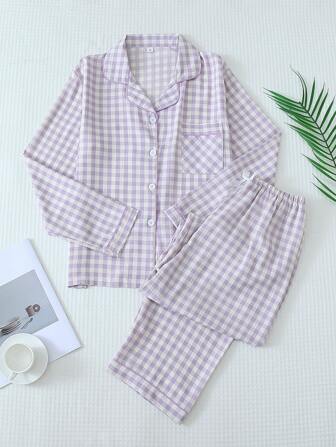 2 piezas Conjunto de pijama de mujer con estampado de cuadros, top de manga larga con cuello con botones y pantalones largos, conjunto de ropa de estar por casa informal, adecuado para otoño/invierno, conjunto de dos piezas, ropa de otoño