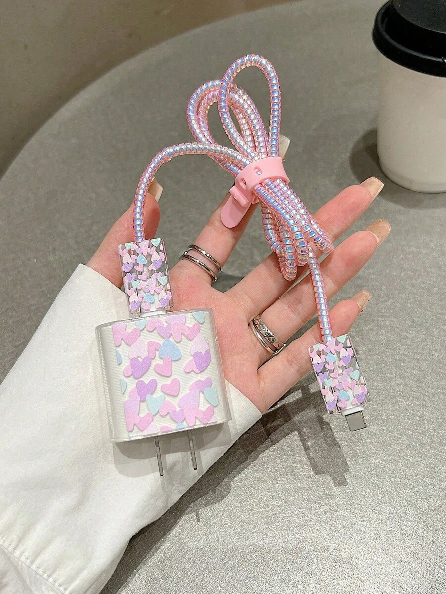 Set de 5 piezas de cargador de teléfono de 20W/18W con diseño de corazón multicolor, protector de cable de carga y protector de cabezal de carga, compatible con iPhone 11 12 13 14 15 16 17