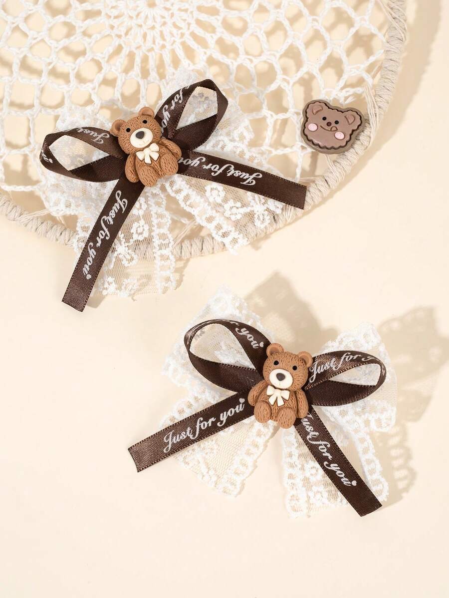 2pcs Brown Bear Hair Bows For Girls White Lace Bow Alligator Clips With