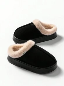 女式仿鹿绒面拖鞋，毛绒衬里，防滑，保暖室内拖鞋，厚 EVA 鞋底，适合秋冬季 - 黑色 - 查看 6